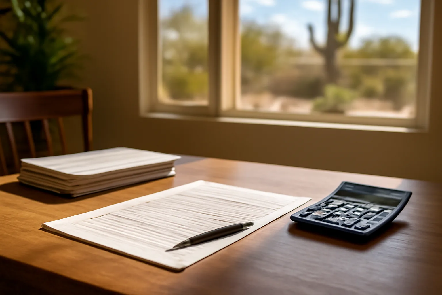 Desk with Arizona conservator accounting form, calculator, and bank statements in natural light