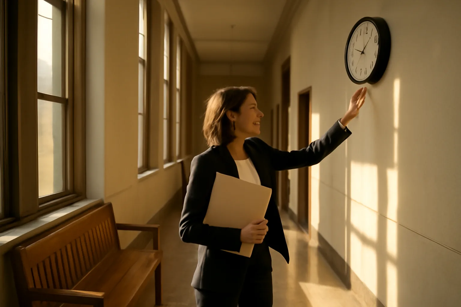 Sunlit Arkansas probate court hallway with bench and clock