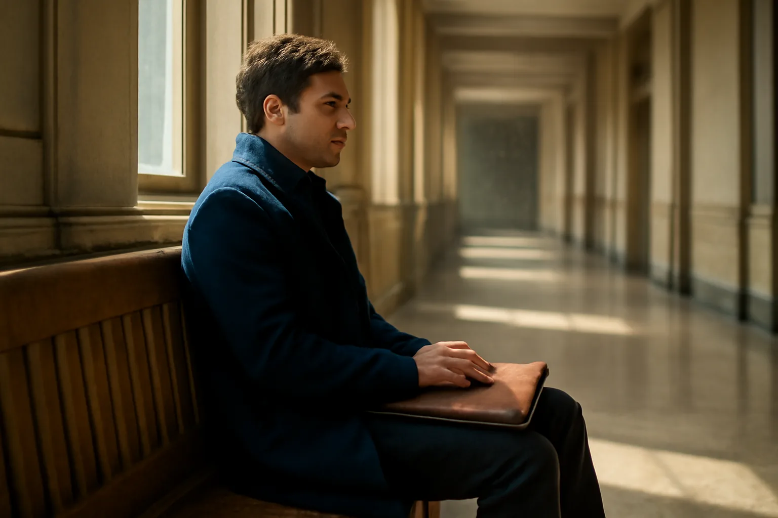 Person waiting in a Denver courthouse hallway about conservator renewal