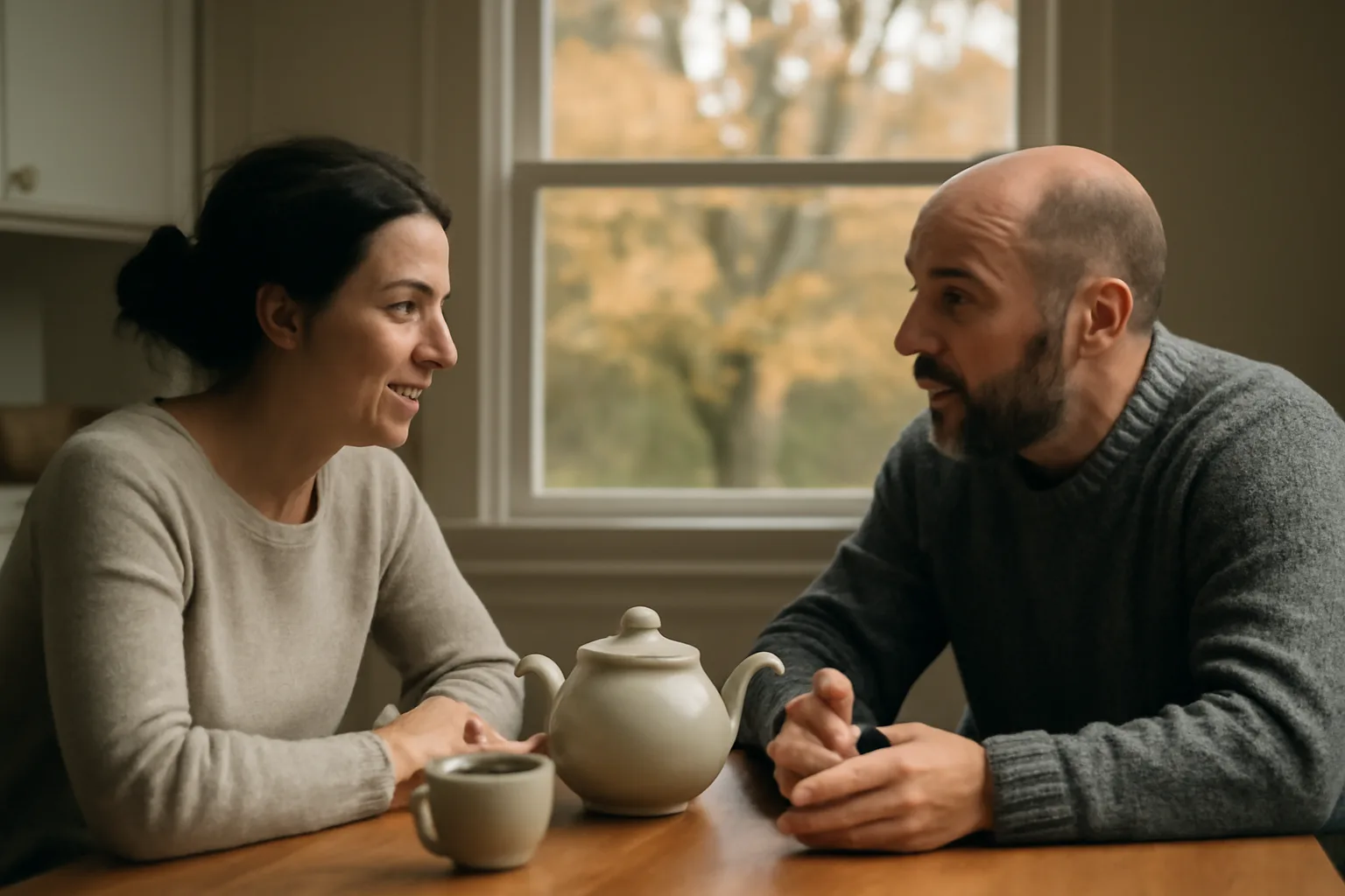 Two adults talking in a West Hartford kitchen about conservator renewal