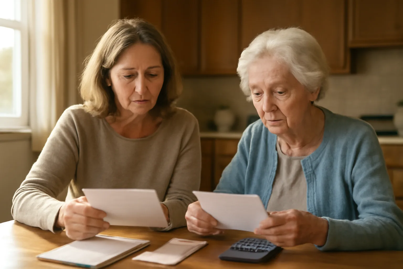 Adult child and elderly mother at kitchen table with bank envelopes and calculator