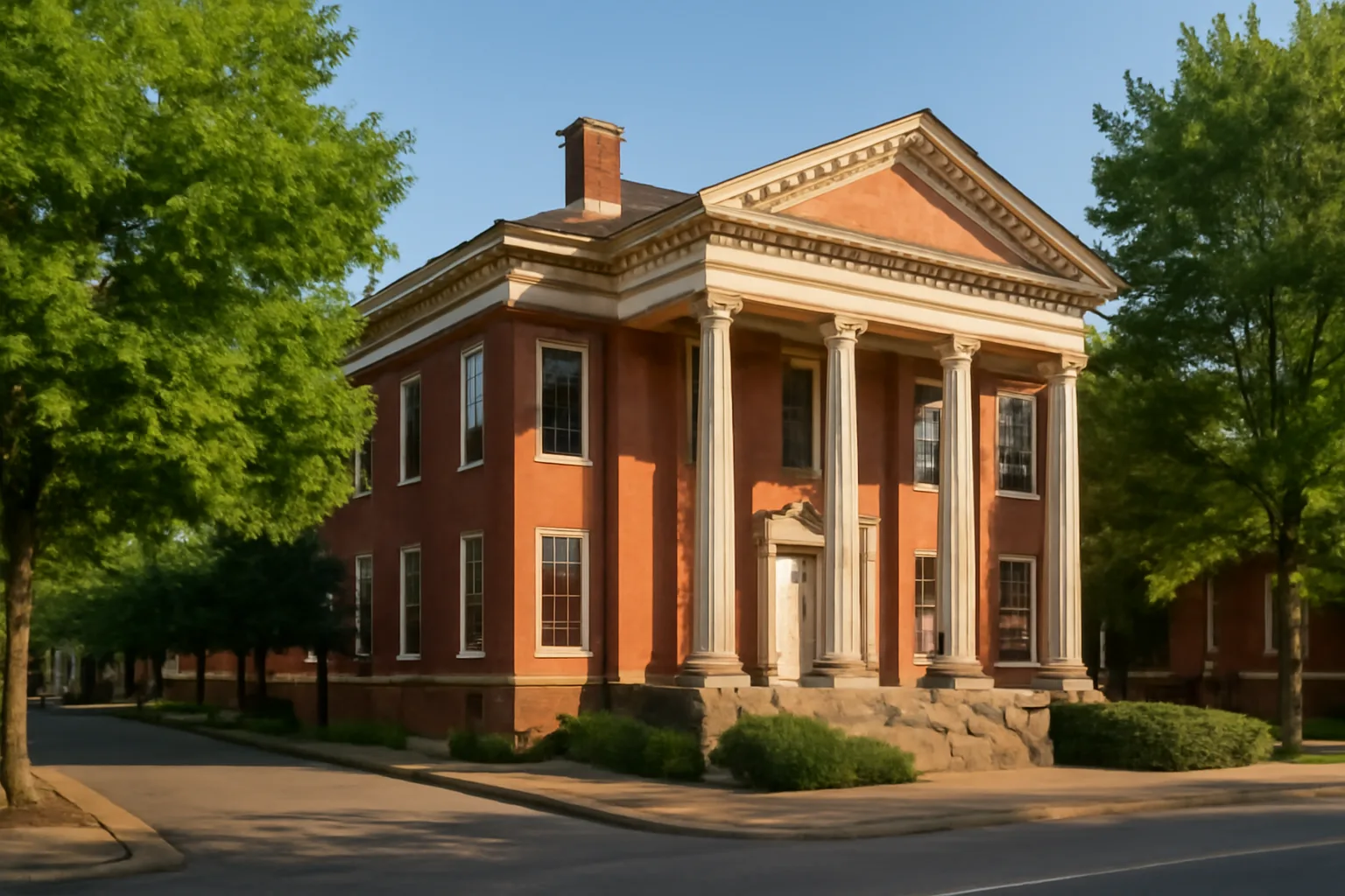 Alabama probate courthouse exterior in morning light, conservatorship proceedings location