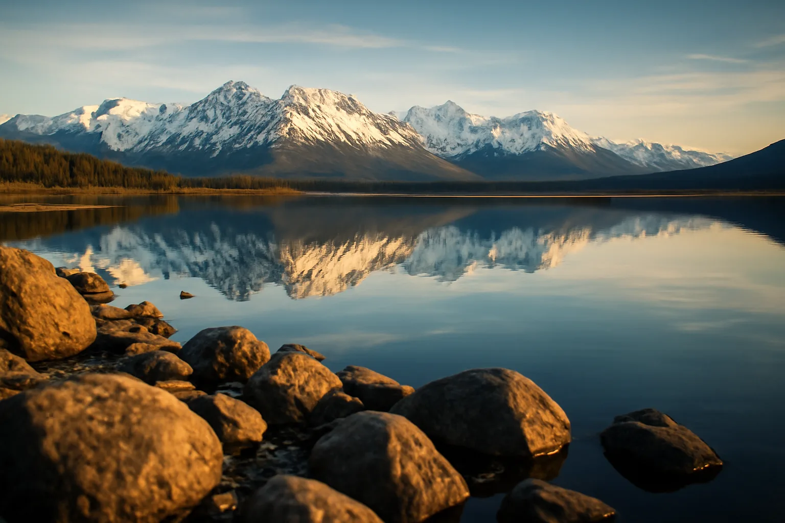 Chugach Mountains reflected in calm Alaska inlet, late afternoon light
