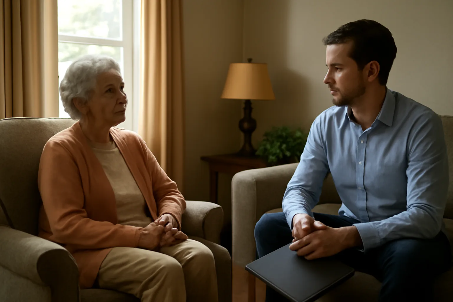 Two relatives talk in a Sacramento home about conservator cost