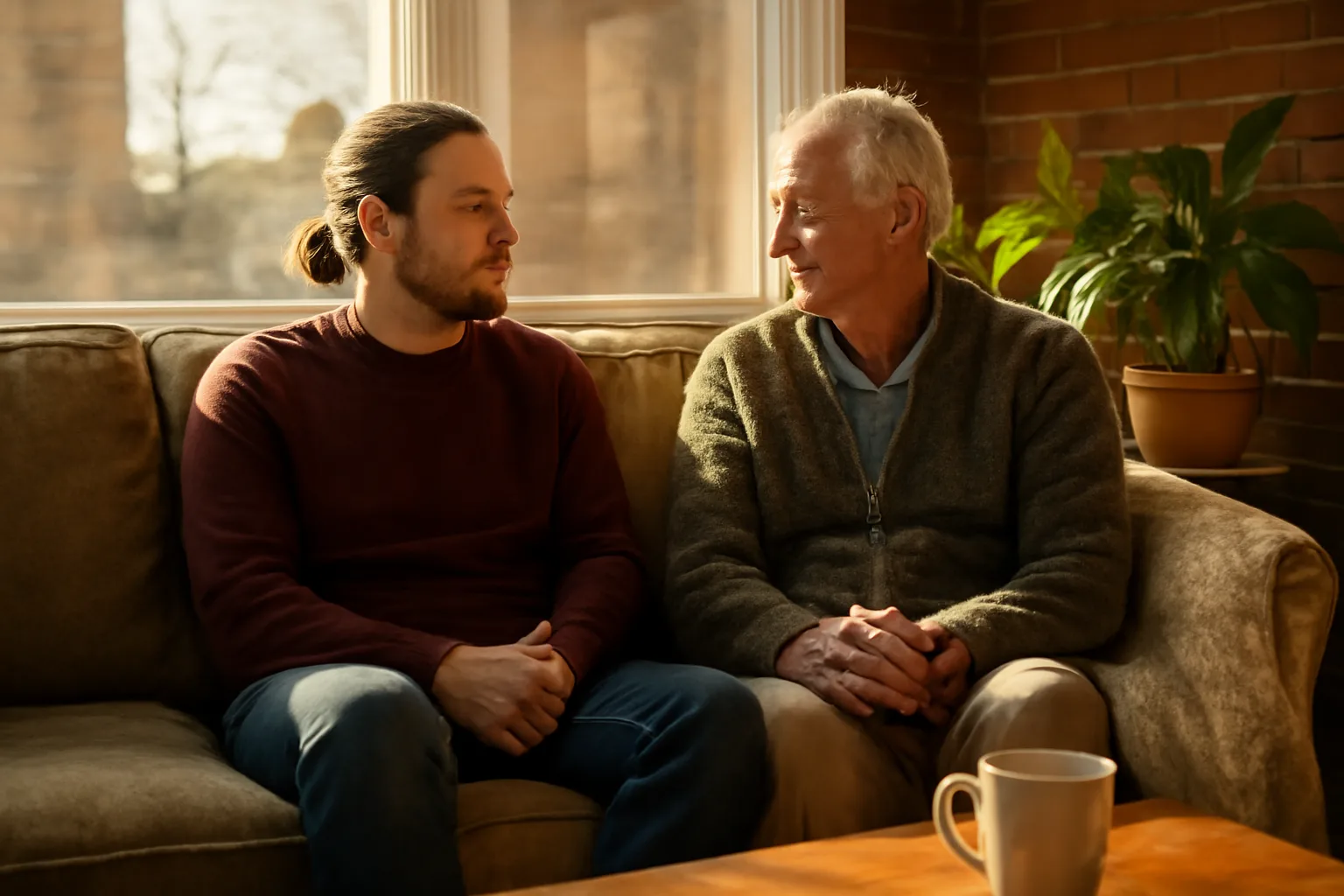 Parent and adult child discuss conservator cost in a Fort Collins living room