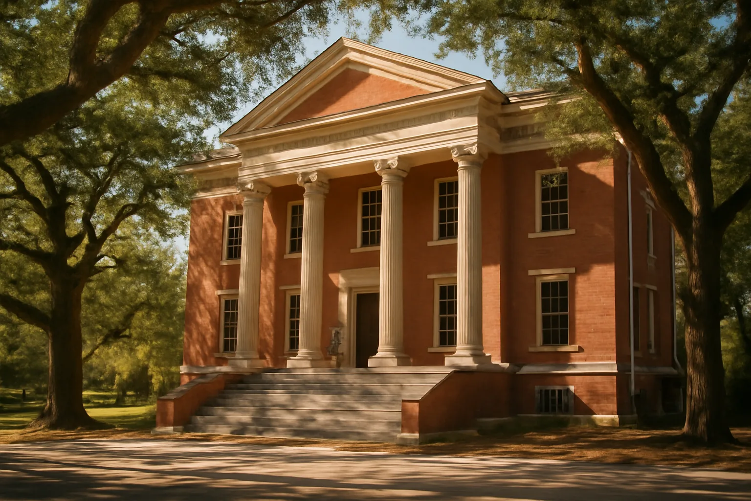 Sunlit Alabama county courthouse exterior with oak trees and empty steps