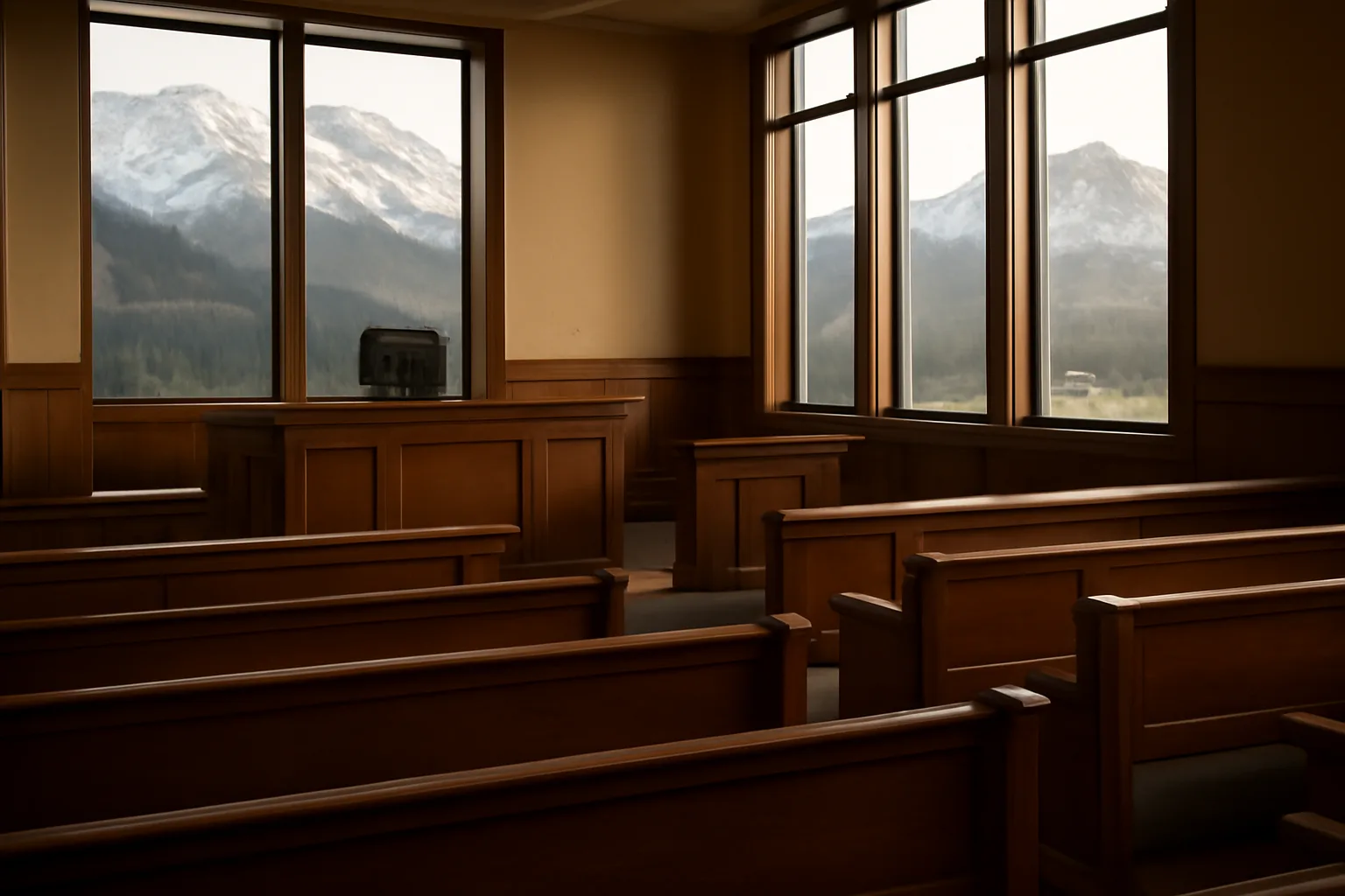 Empty Alaska Superior Court courtroom with mountain view through tall windows