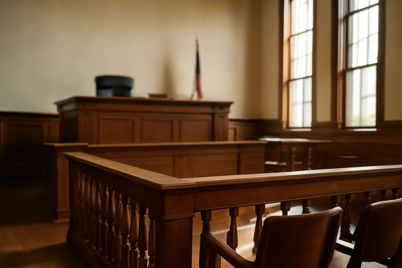 Empty Arkansas county courtroom bench and wooden railing in morning light