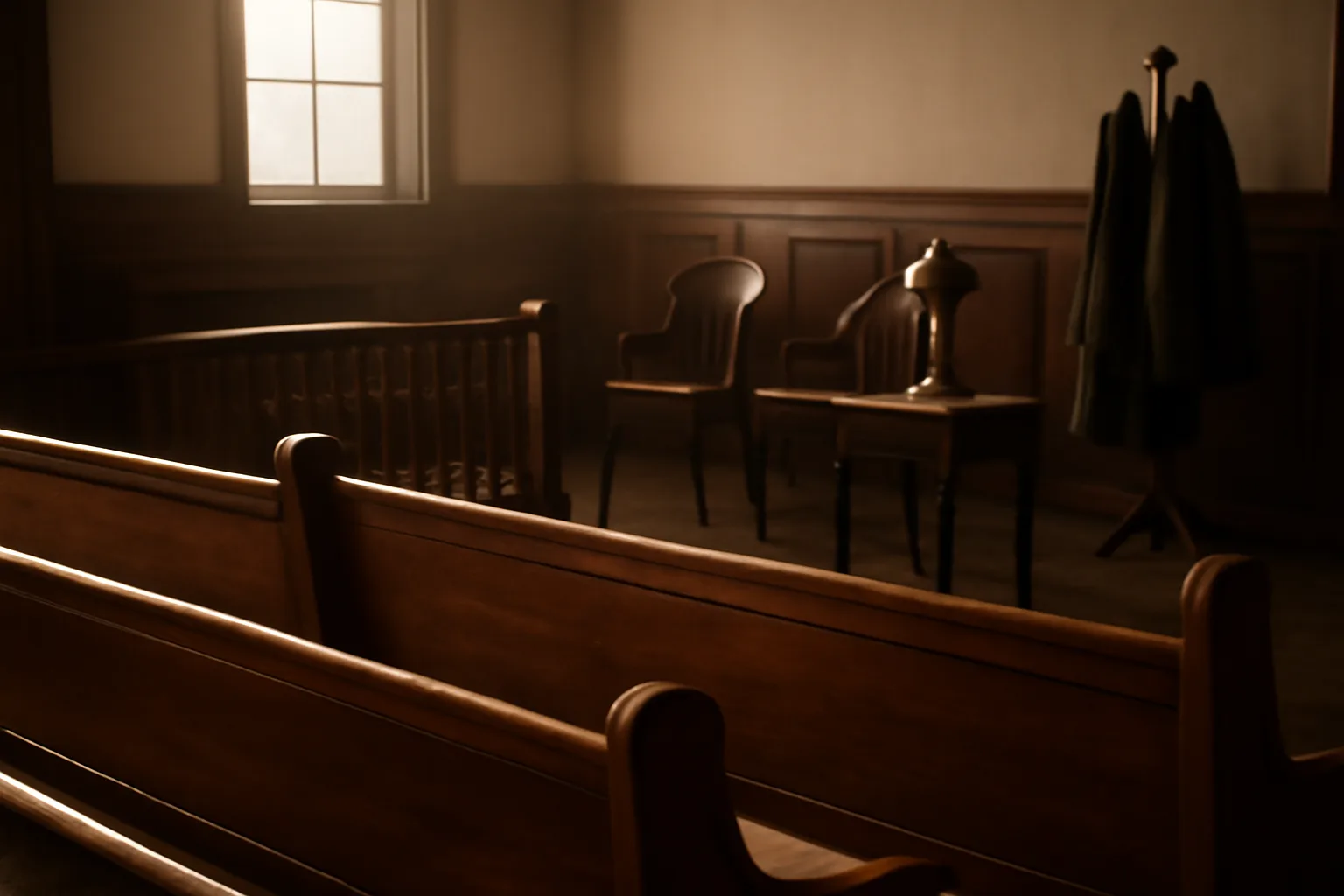 Sunlit empty Connecticut probate courtroom with oak pews and chairs