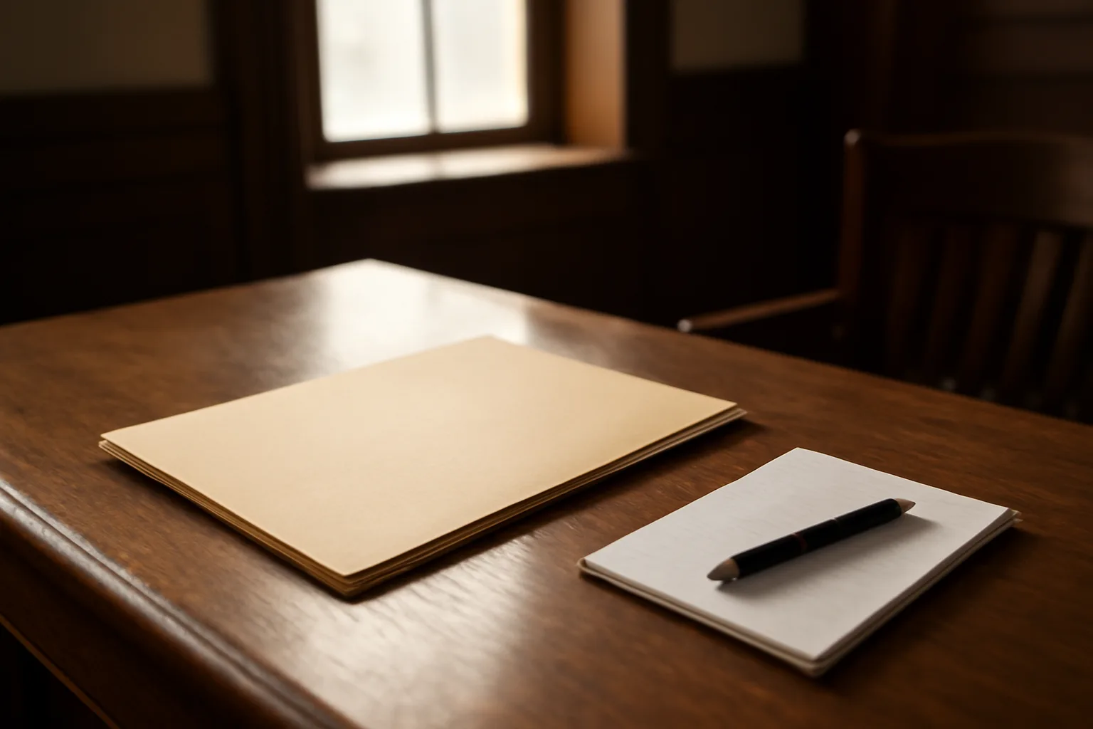 Manila folder and pen on courtroom table with soft sunlight.