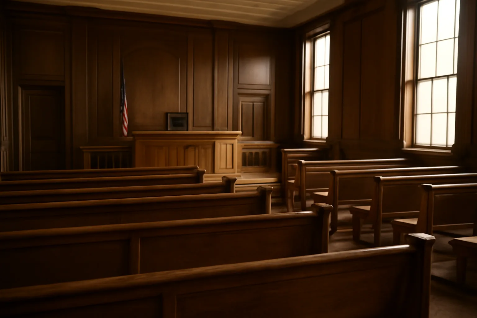 Empty Alabama probate courtroom with wooden benches and morning window light