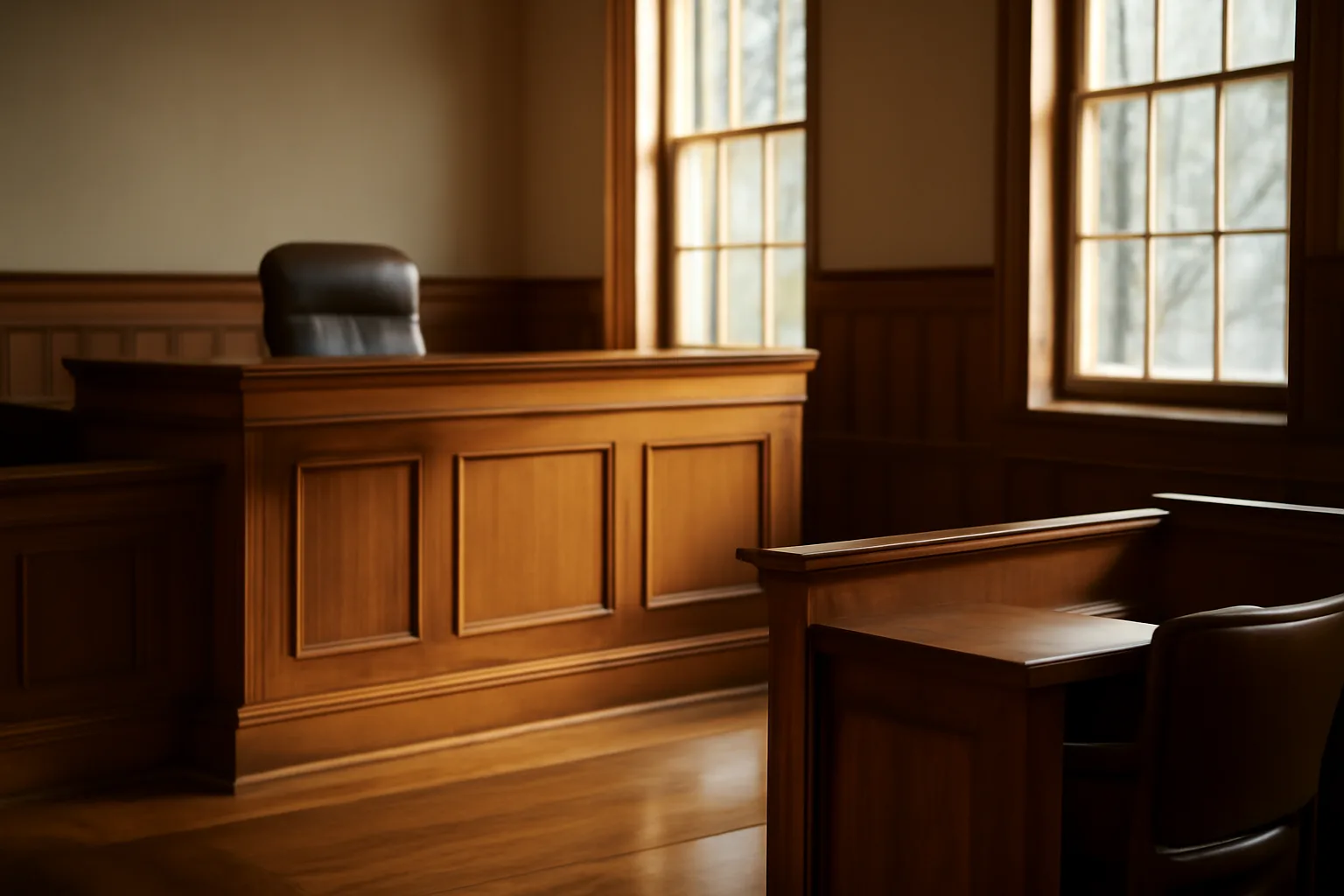 Empty Alaska superior courtroom with winter light across oak benches for conservator appointment