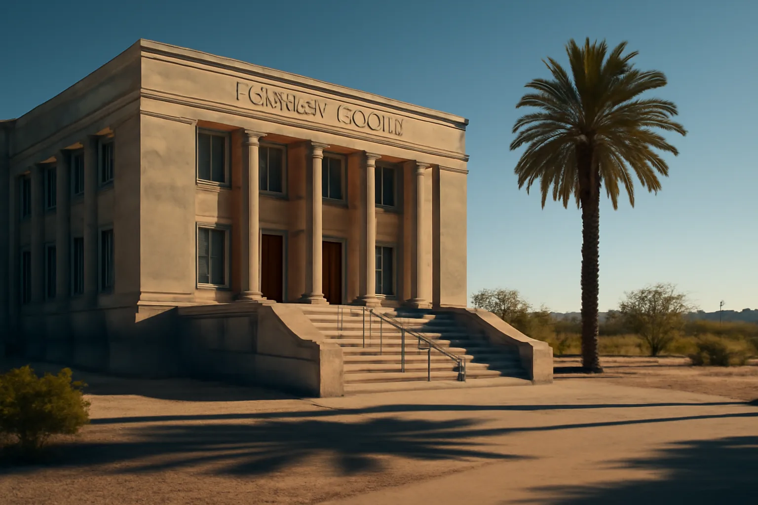Arizona county courthouse exterior with palm tree and afternoon light, conservatorship setting