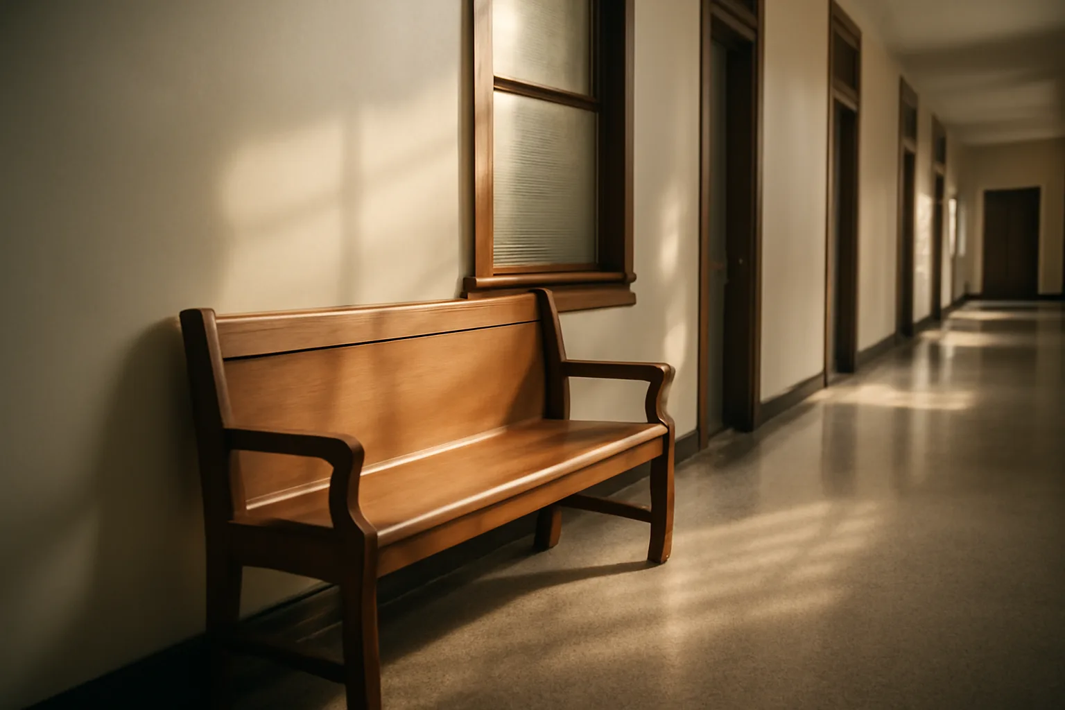 Empty Arkansas circuit court hallway with wooden bench and soft afternoon light