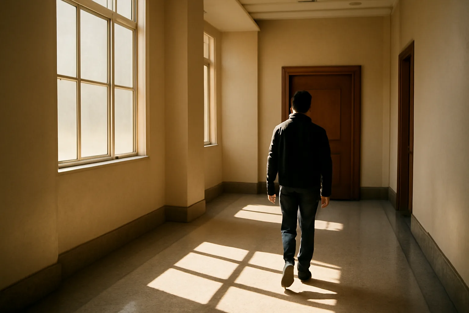 Probate courtroom corridor in a California superior court, morning light on the floor, no people visible except one distant figure.