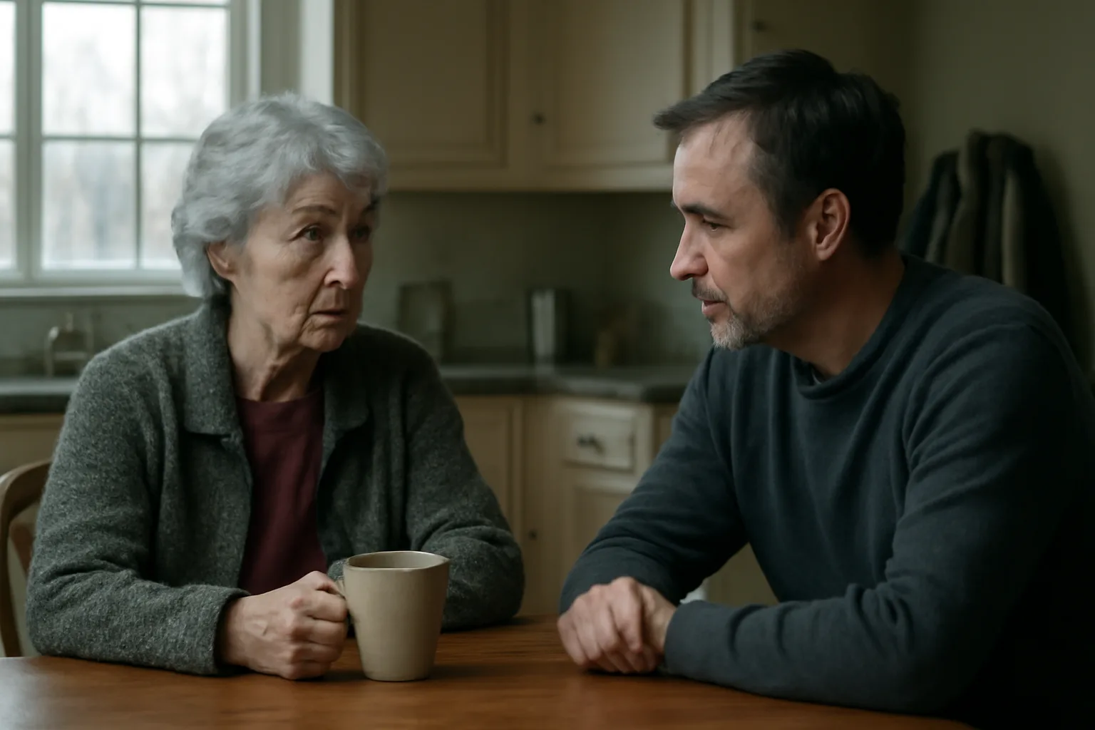 Two relatives talk in a Connecticut kitchen about conservator duties