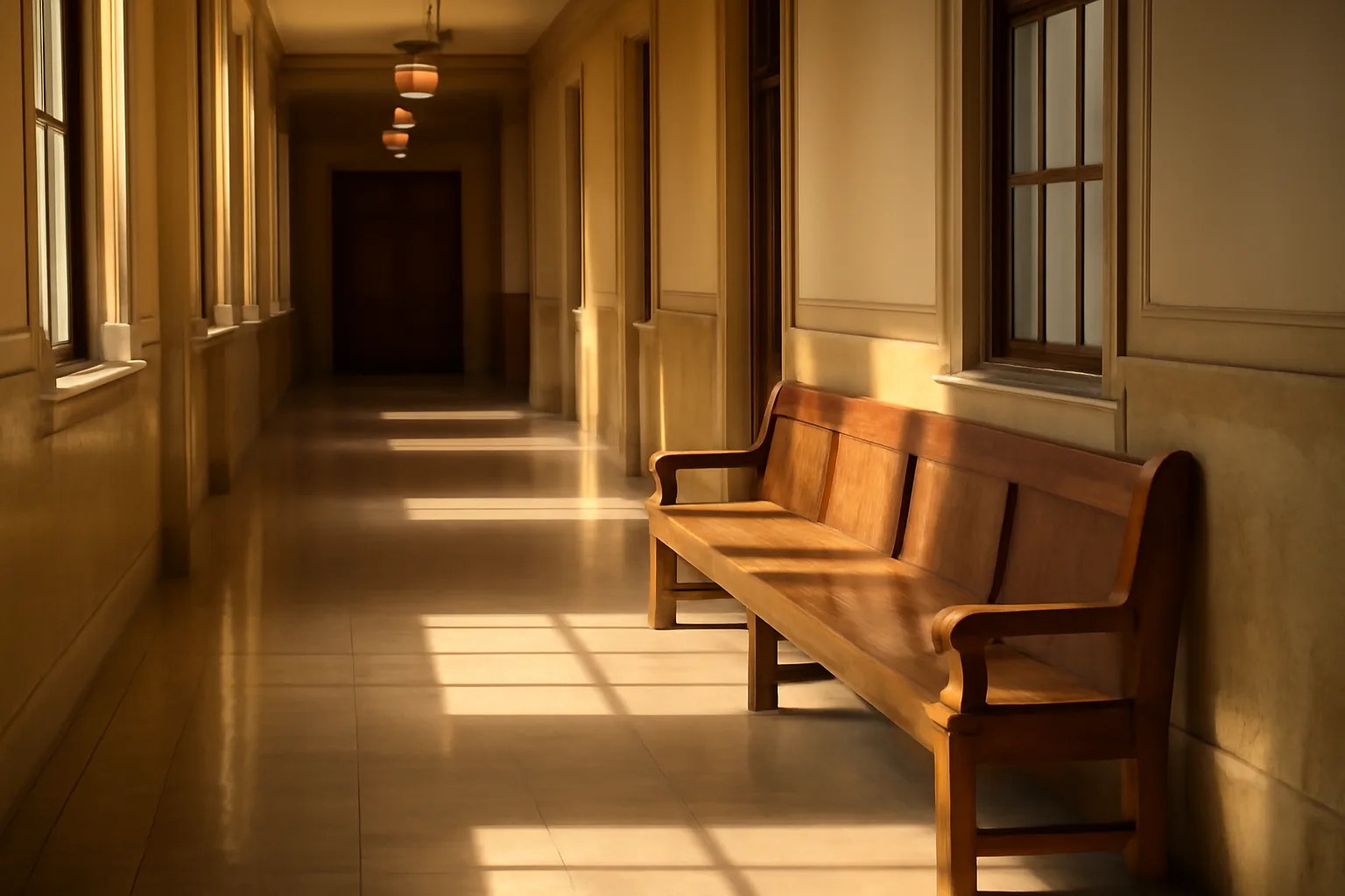 Empty county courthouse hallway with warm afternoon sunlight on marble floors
