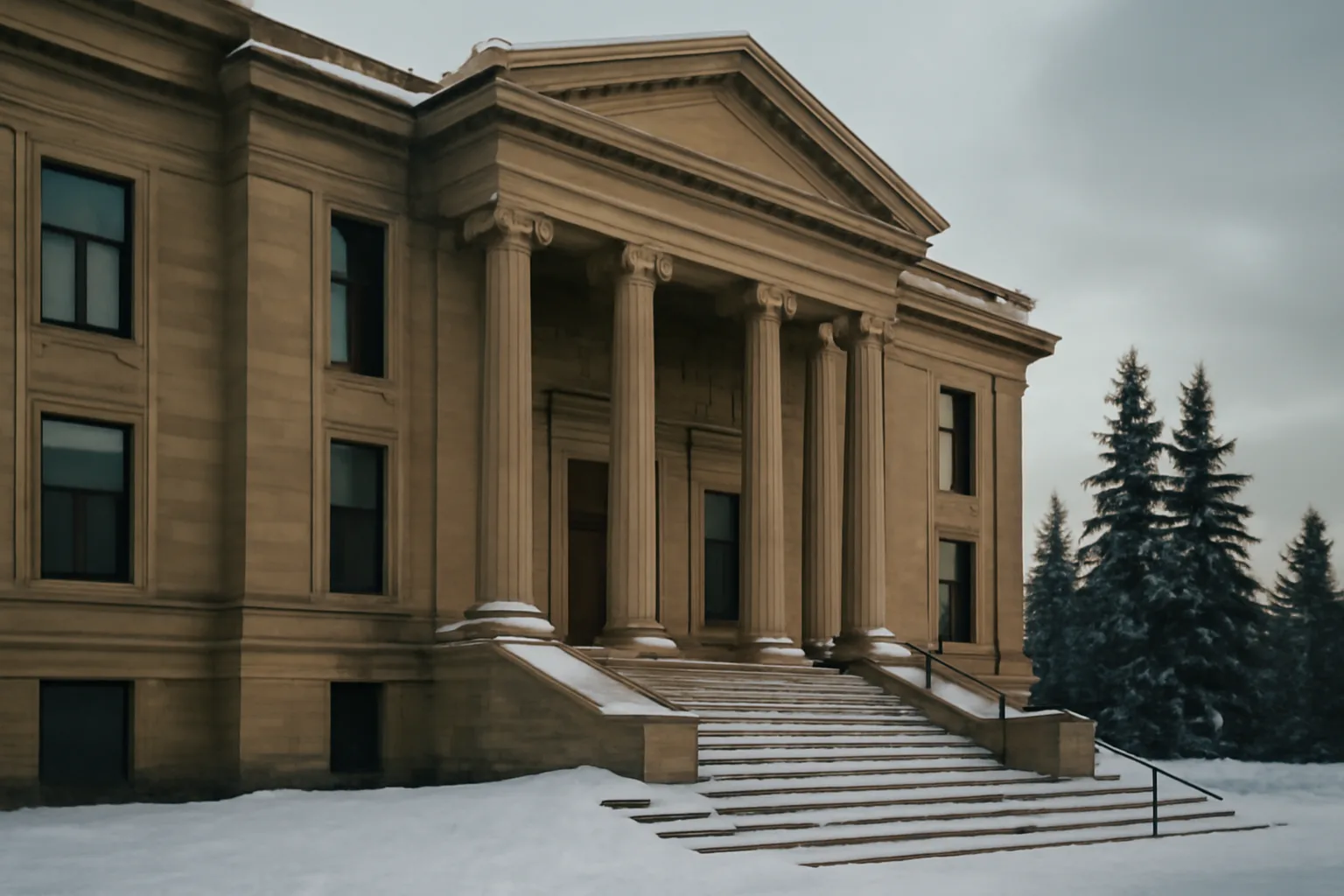 Alaska Superior Court building in winter light with snow-covered steps