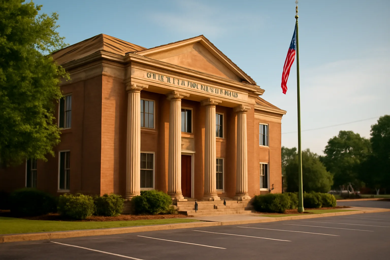 Alabama probate courthouse exterior in afternoon light, conservatorship process setting
