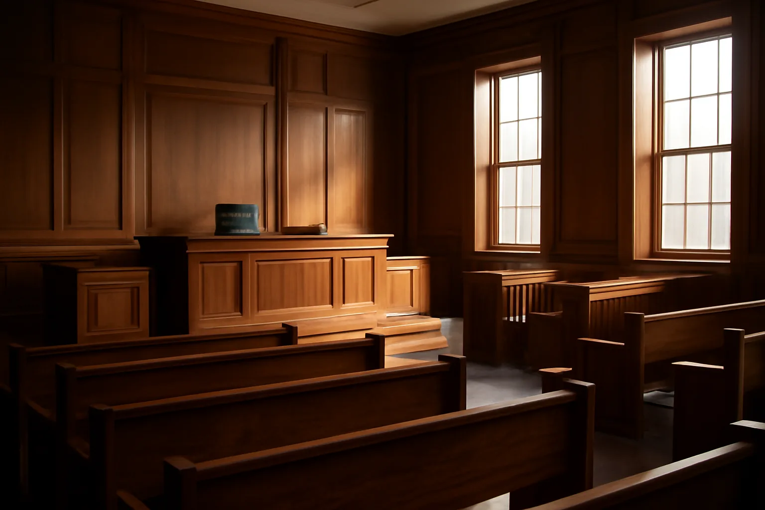 Empty Alaska Superior Court courtroom with wooden benches and afternoon light, conservatorship setting