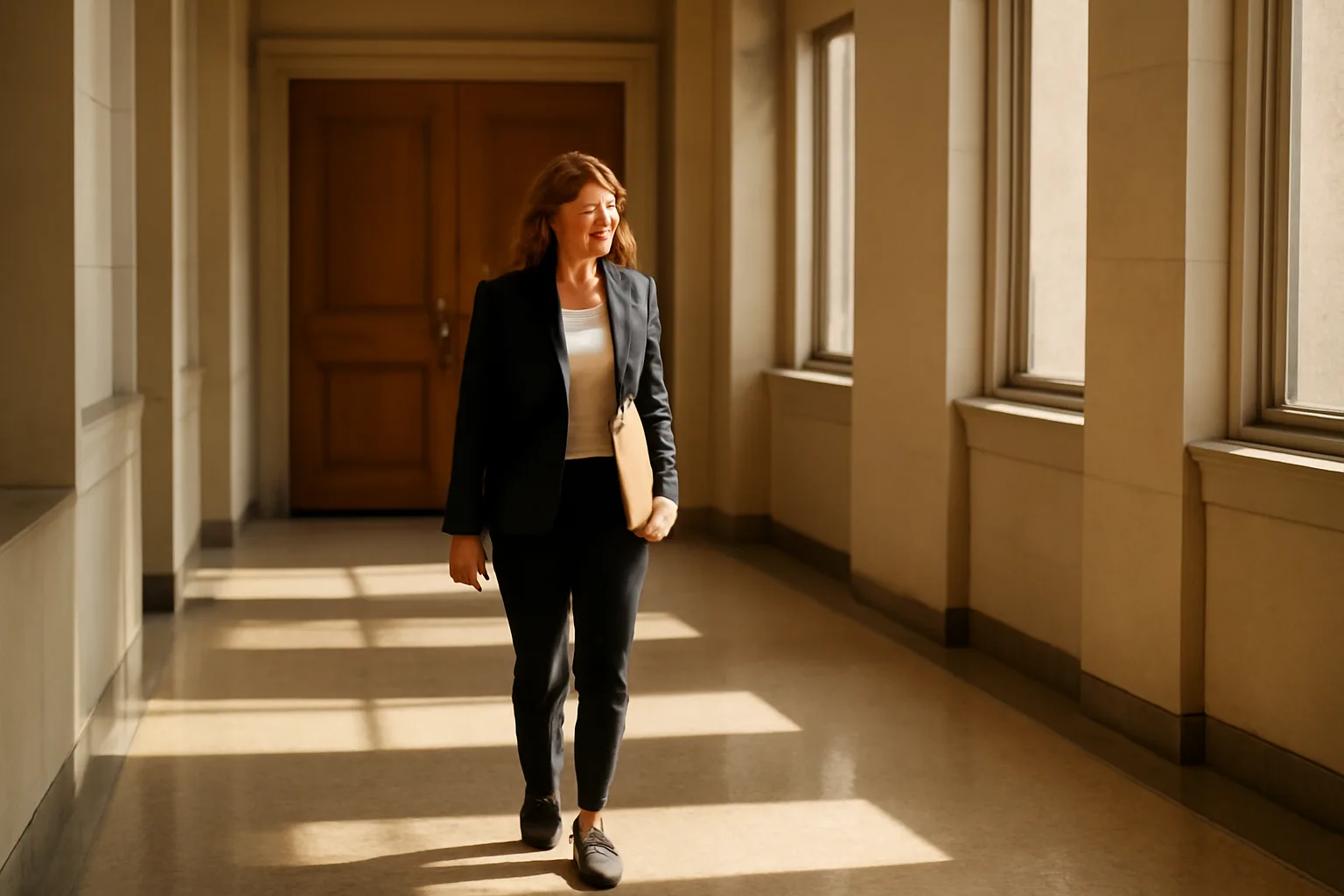 Woman with unmarked folder in California courthouse hallway